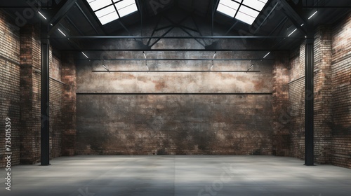 Empty old warehouse interior with brick walls  concrete floor  and a black steel roof structure