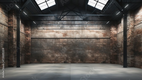 Empty old warehouse interior with brick walls, concrete floor, and a black steel roof structure