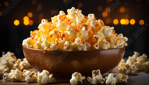 Freshly popped corn in a yellow bowl, perfect movie snack generated by AI
