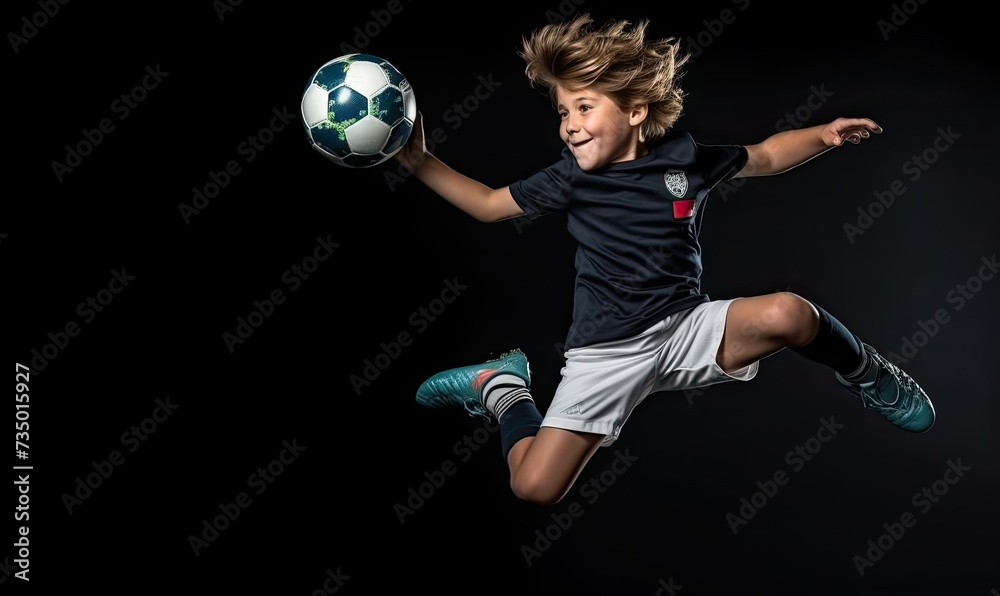 Young Boy Kicking Soccer Ball Mid-Air