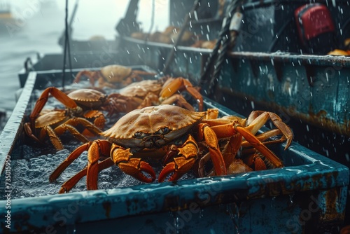 Off loading crabs. Northern ocean fishery, fishing industry.