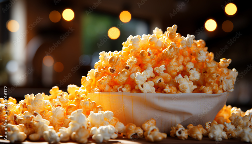Fresh popcorn in yellow bowl, perfect movie theater snack generated by AI