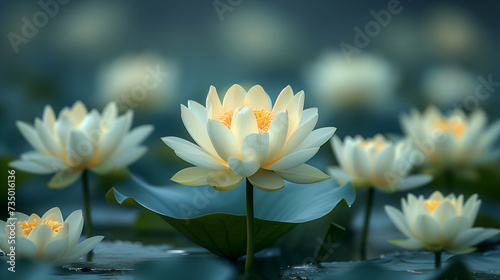 Multiple pale yellow lotus flowers bloom across a calm pond, with a soft focus on the surrounding foliage