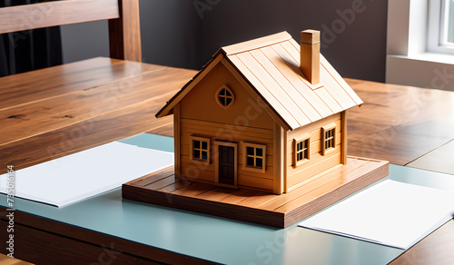 Wooden house on the table with copy space: Home insurance and real estate concept.

