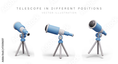 Set of blue telescopes on tripod. Front, side, back view