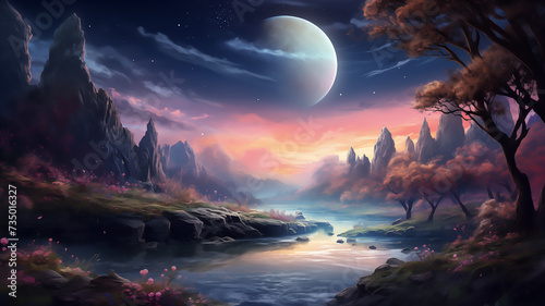 moon and trees on the edge  in the style of surreal dreamlike landscapes  naturalistic landscape backgrounds  Fantastic magical fairy tale landscape with moon