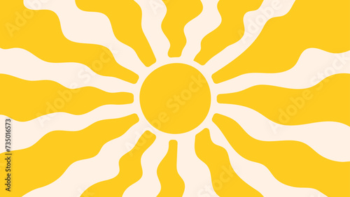 Groovy, hippie, retro sunny background. Abstract hand drawn doodle sunshine shapes in trendy childishly, naive art style. Contemporary summer poster, banner, vector template. photo