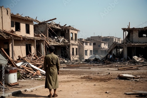A woman stands with her back to the camera and looks at the destroyed houses and the city after a hurricane, tornado or war. Destroyed cities after the war.