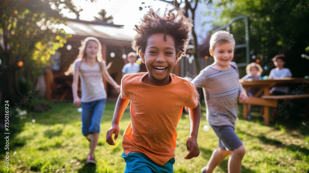 Fototapeta premium An African American boy running together other kids laughing enjoy egg hunting in the backyard