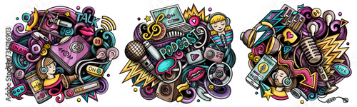 Audio content cartoon vector doodle designs set