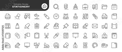 Set of line icons in linear style. Series - Stationery. Office products and supplies for documentation, study and creativity. Outline icon collection. Pictogram and infographic.