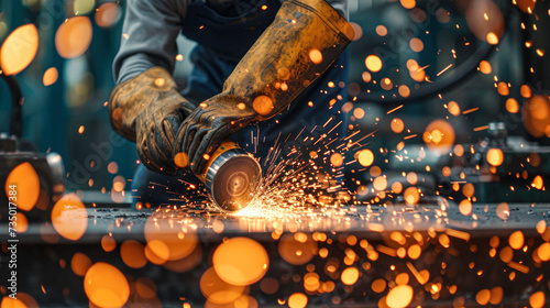  Close-up of a worker's hands using an angle grinder on metal with bright orange sparks flying. © Kowit