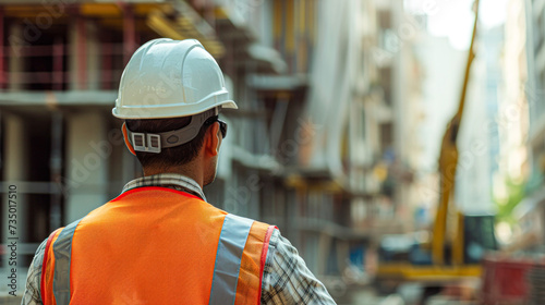 Rear view of a construction worker in a hard hat and reflective vest observing a construction site during sunset. © Kowit