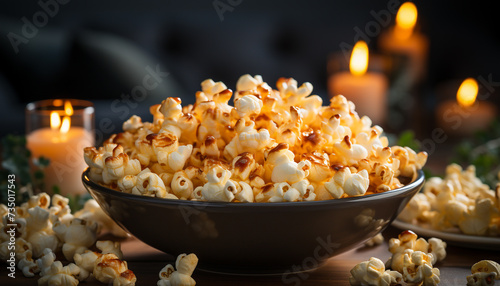 Fresh popcorn, sweet caramel, movie night, ultimate relaxation generated by AI
