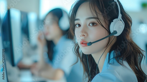 Asian young woman call center operator wearing headphones with a microphone