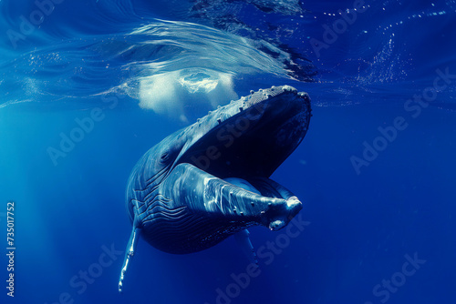A majestic cetacean, with its enormous mouth agape, gracefully glides through the tranquil depths of the ocean, its sleek fin slicing through the water as it shares its underwater world with a variet photo