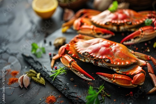 Cooked crabs with spices and herbs on slate table. Sea food