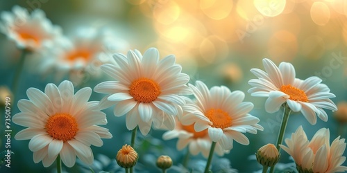 Vibrant daisy flowers bloom in the serene summer meadow, adding beauty to the lush green landscape.