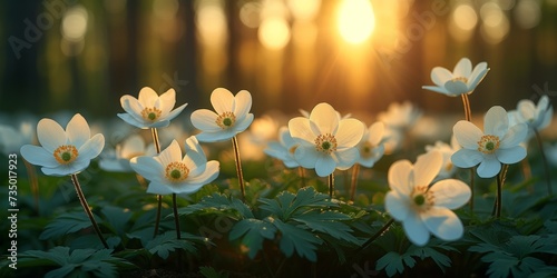 In the tranquil embrace of nature, white anemone flowers bloom, adding seasonal beauty to the meadow.