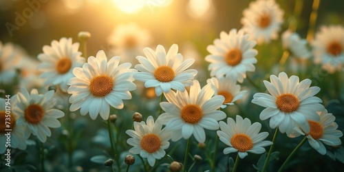 Daisies bloom in a picturesque meadow under the warm summer sun, demonstrating the beauty of nature.