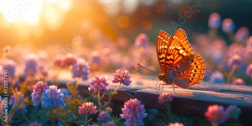 In a quiet meadow, summer gives birth to a symphony of colors, butterflies dance among the blooming flowers. photo