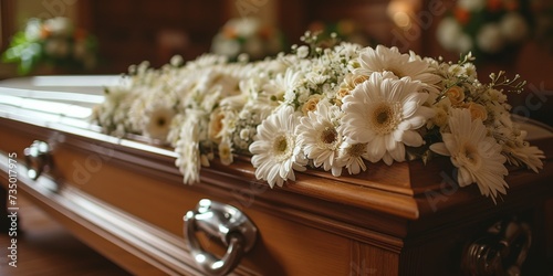 Funeral ceremony: brown coffin decorated with white flowers, symbolizing mourning in the church.