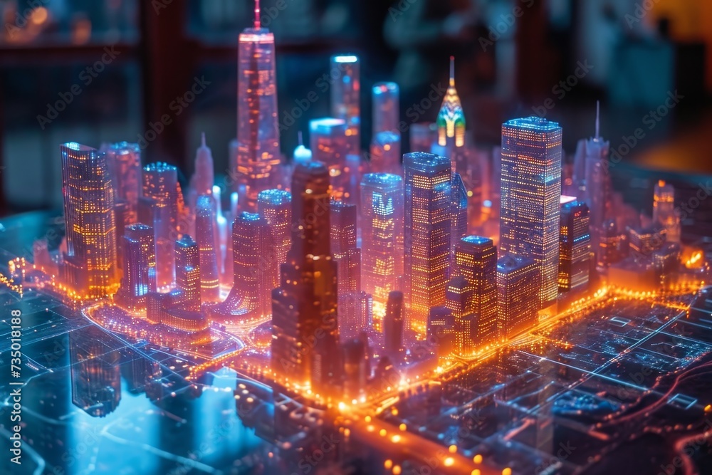 a hologram of the buildings of a large city on the table. The concept of a smart city