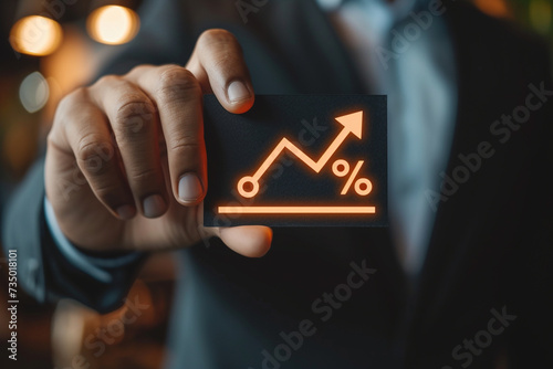 Business thrives on strategic interest rates, dividends, and investment growth. Businessmen leverage icons, percentages, and graphs for financial success—fueling growth, income, marketing, and profit.