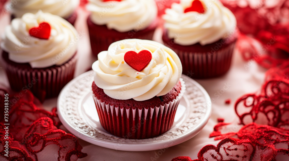 Festive array of red velvet cupcakes with creamy swirls and red heart sprinkles, displayed on a lace tablecloth.