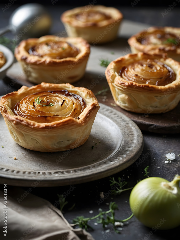 Caramelized onion and goat cheese tartlets with a flaky puff pastry crust.