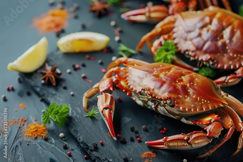 Cooked crabs with spices and herbs on slate table. Sea food © LivroomStudio