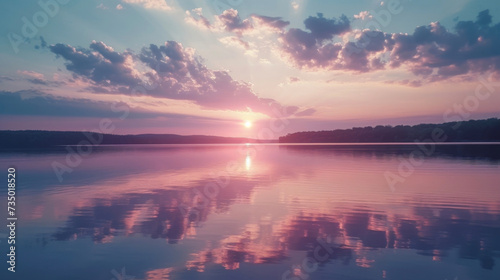 Soft clouds in shades of pink and lavender are mirrored in the still waters of the lake creating a picturesque sunset scene. photo