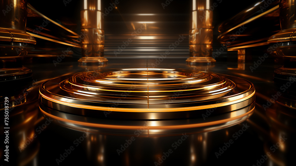 Round podium with gold highlights and backlight on a dark blank background for product demonstration Round podium with gold highlights and backlight on a dark blank background for product demonstration