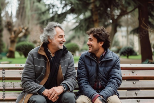 Senior Father and Adult Son Sharing Joyful Time on a Park Bench