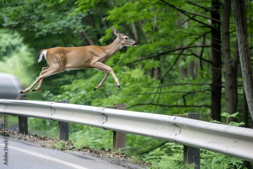 deer leaping over a guardrail on a forestlined road