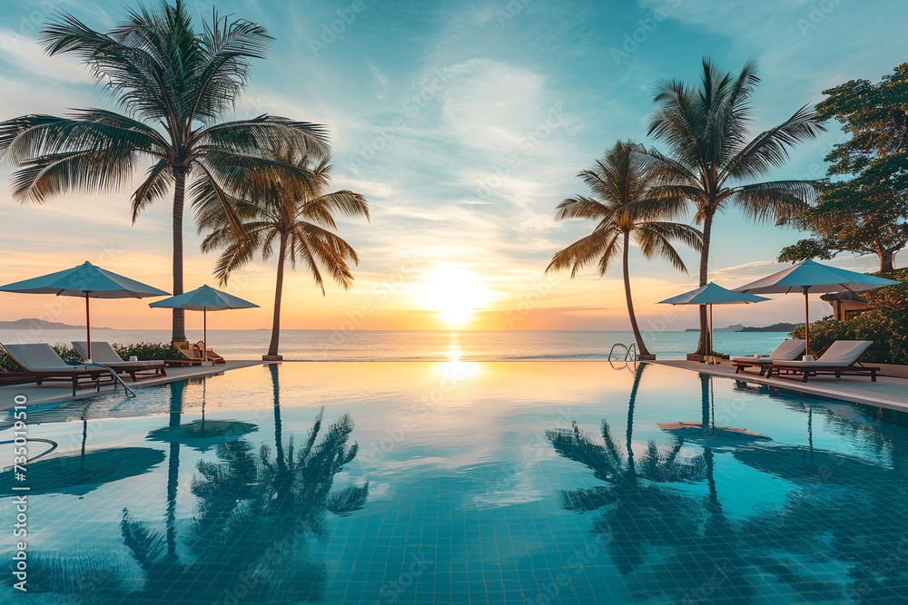 Tropical pool with beautiful palm trees, white umbrellas and sun loungers against the backdrop of the sea. Setting sun. Vacation, travel concept. beautiful landscape. Exotic holiday