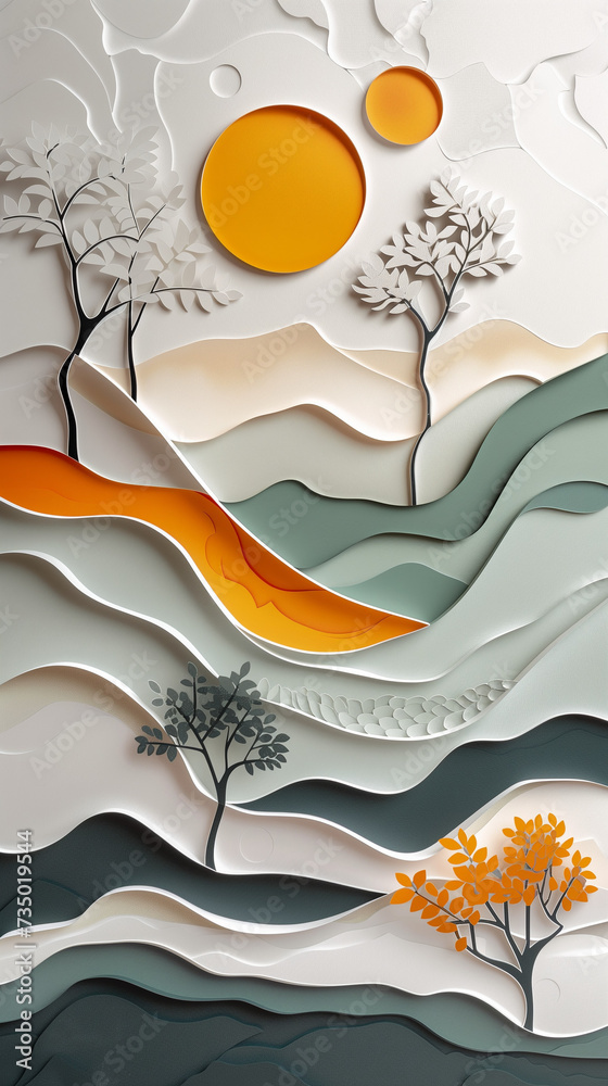 Textured Paper Relief of Abstract Landscape with Trees and Sun