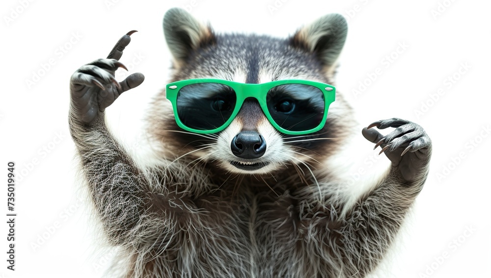Raccoon in green sunglasses. The concept of playfulness and character.