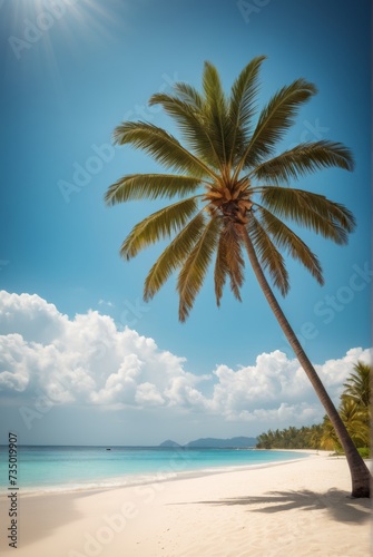 A palm tree sways on a tropical beach against a backdrop of azure blue sky by ai generated