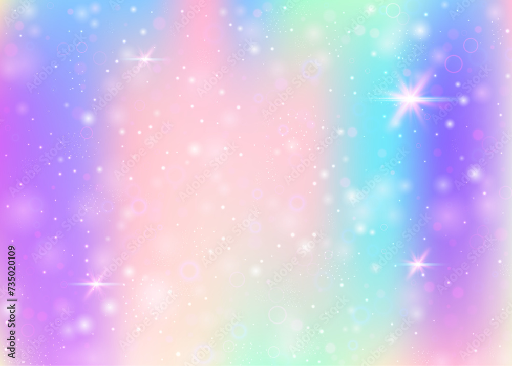 Magic background with rainbow mesh. Girlish universe banner in princess colors. Fantasy gradient backdrop with hologram. Holographic magic background with fairy sparkles, stars and blurs.