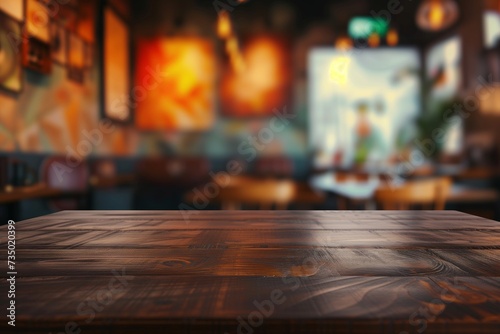 table surface with blurred cafe wall art and furnishings