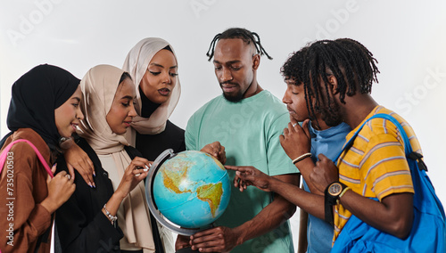 A diverse group of students is gathered around a globe, engrossed in exploration and study, their vibrant energy captured against a pristine white background, symbolizing unity and curiosity in their