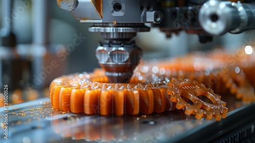Machine slicing an orange gear for a culinary dish