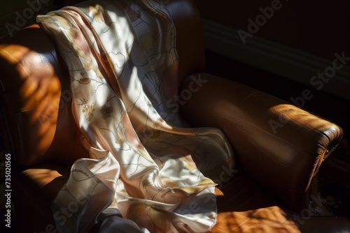 sunlight casting shadows over a silk scarf on a richly toned leather chair