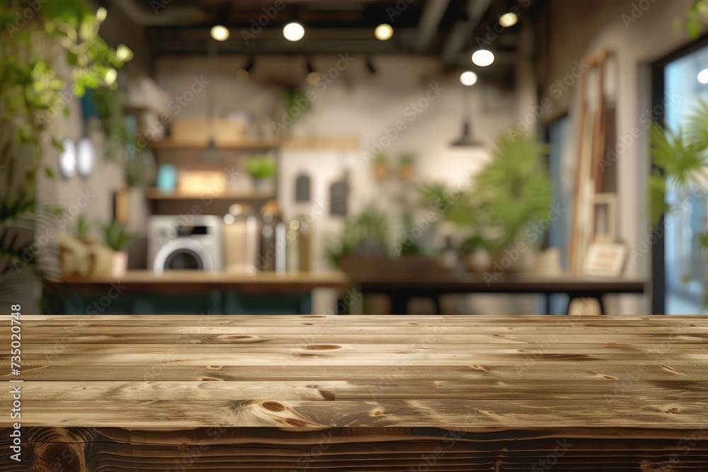 Empty wooden table with restaurant blur background. Generative AI