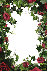 Red rose frame. Ivy, vines, green leaves, branches. Intricate flawless pen tool cutout. Transparent PNG background. Love concept. Valentines day. Mother's Day. Celebration card design. 