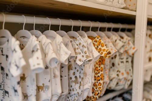 baby clothing sets with animal prints arranged on a shelf