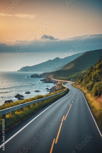 A scenic morning view of a highway road winding along the coastline amidst nature landscape by ai generated