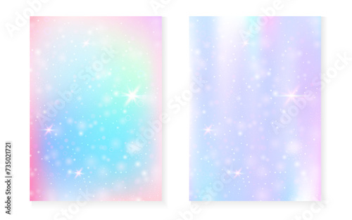 Kawaii background with rainbow princess gradient. Magic unicorn hologram. Holographic fairy set. Vibrant fantasy cover. Kawaii background with sparkles and stars for cute girl party invitation.