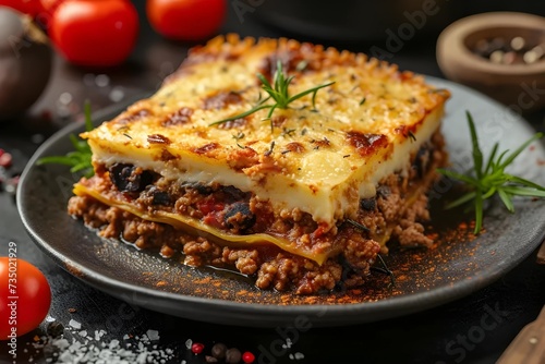 A visually stunning portrayal of the traditional Greek moussaka dish, showcasing its layers and rich Mediterranean flavors, perfect for stock photo use. photo